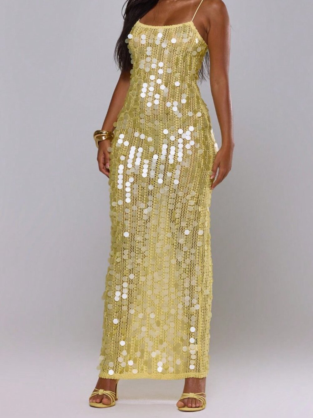 Light Yellow Party Women's Sequin Fitted Maxi Dress